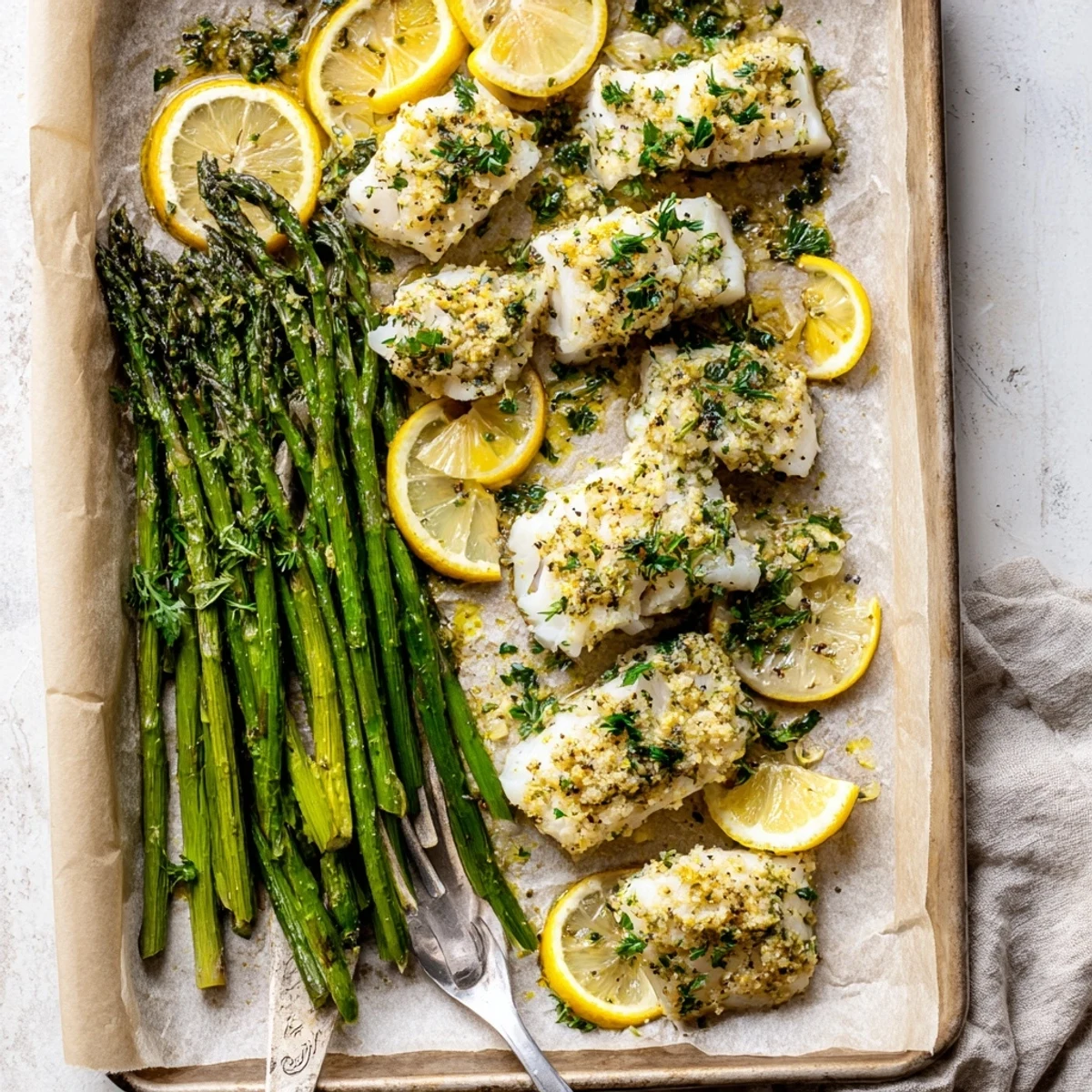 Healthy Sheet Pan Lemon Herb Cod and Asparagus meal presented on a baking sheet, showcasing perfectly roasted vegetables and zesty citrus garnish for a quick dinner.