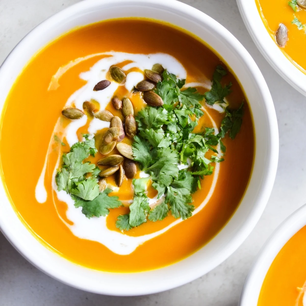 Roasted carrots and fresh ginger blend into a velvety soup, garnished with cilantro and toasted pumpkin seeds.  