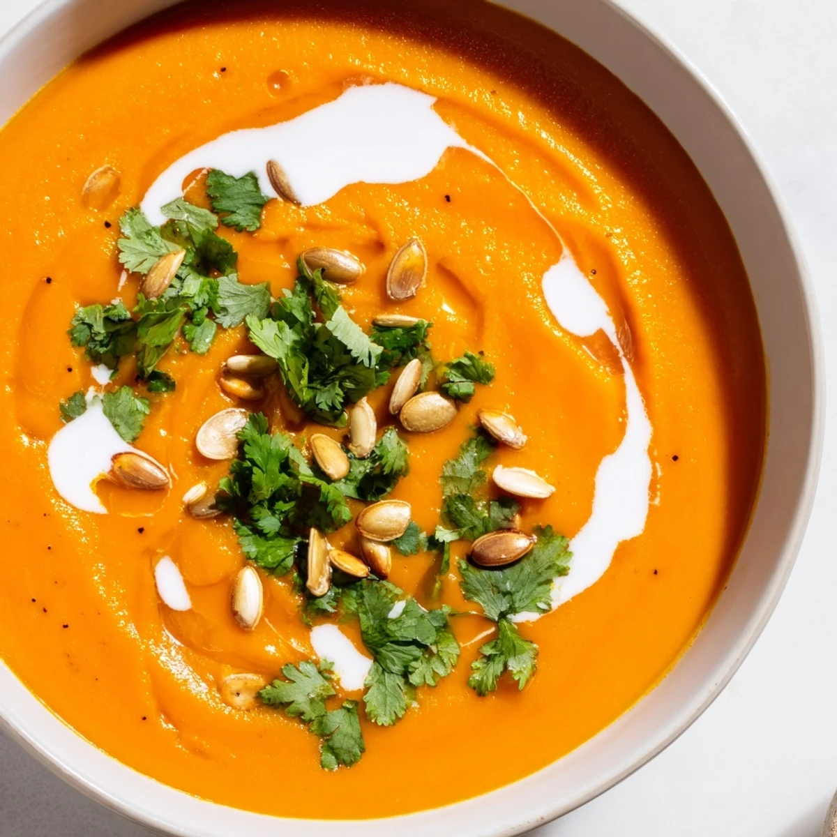 Steaming bowl of roasted carrot and ginger soup topped with fresh herbs for a cozy, vegetarian meal.