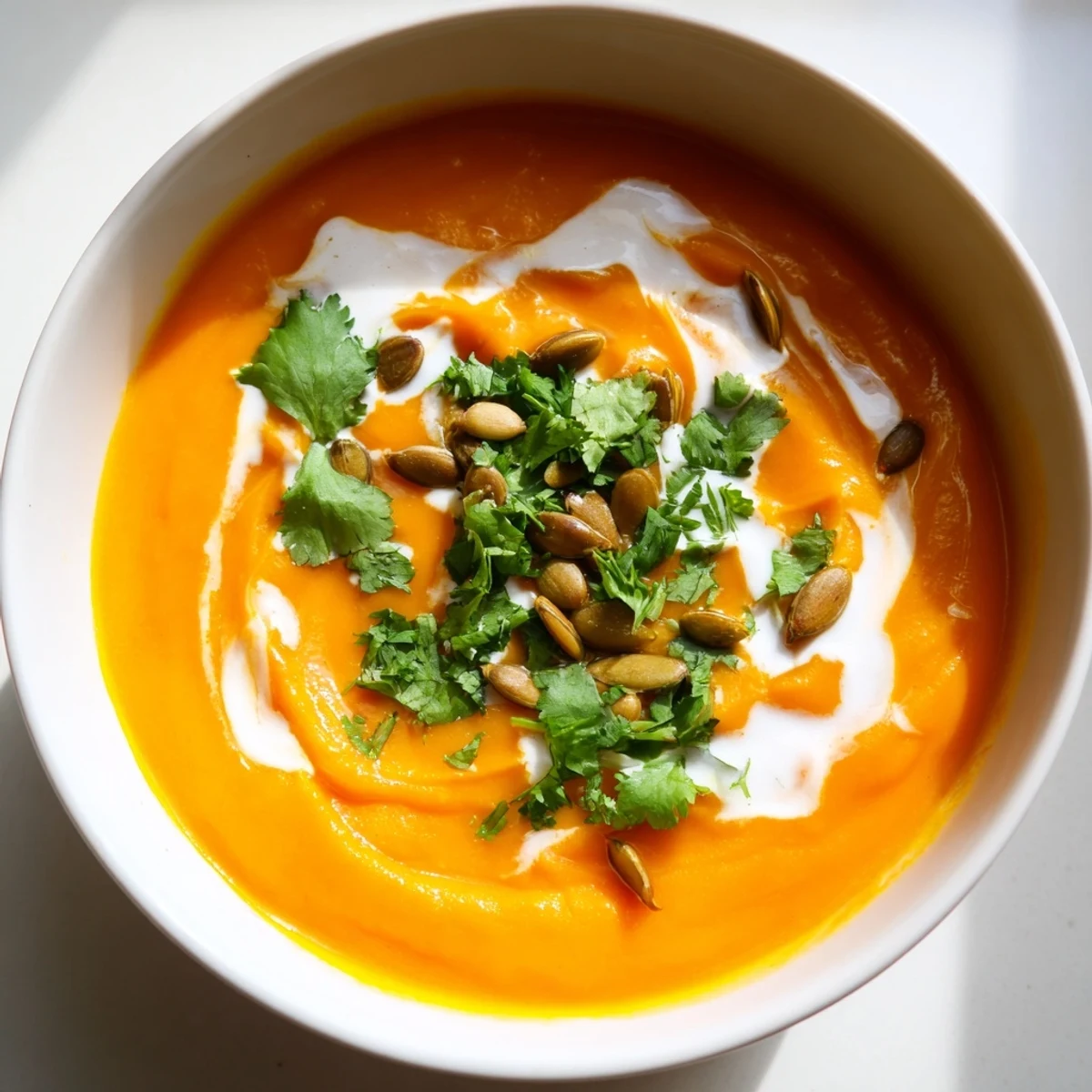 A close-up of creamy roasted carrot and ginger soup served hot with a swirl of coconut milk.  
