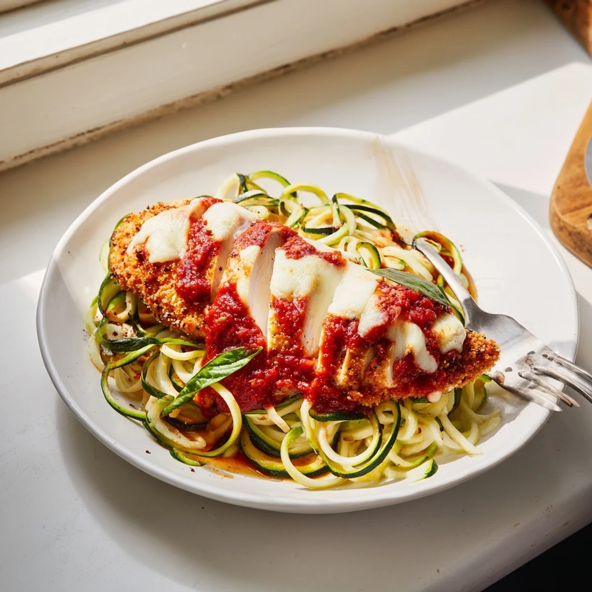 Gluten-free baked chicken parmesan topped with rich marinara and gooey cheese, plated with sautéed zucchini noodles for a low-carb dinner.