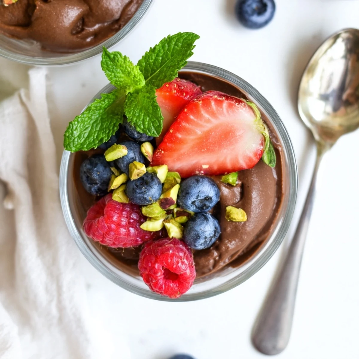 Dark Chocolate Avocado Mousse topped with raspberries and blueberries, a creamy vegan dessert.