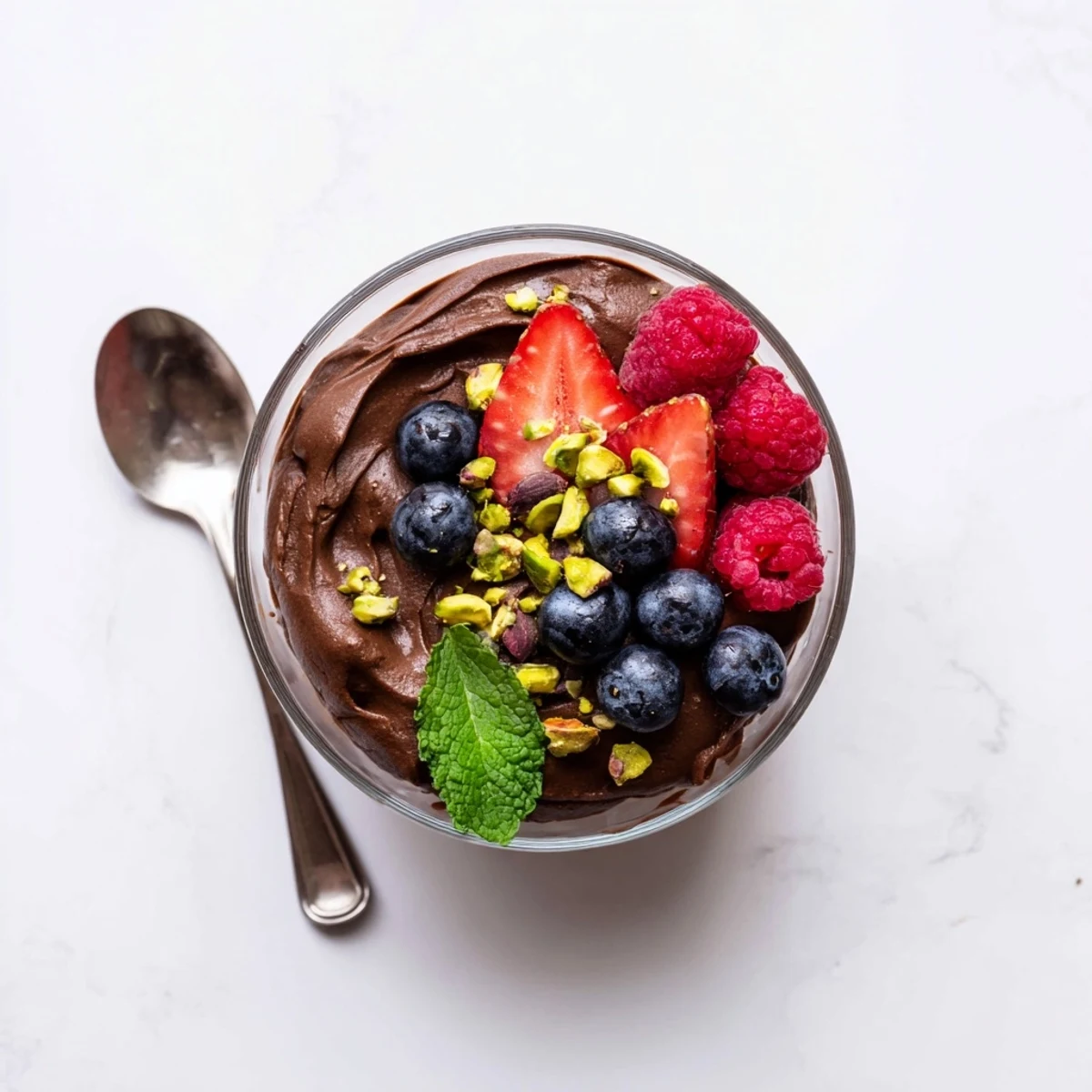 A close-up of Dark Chocolate Avocado Mousse with fresh berries in a glass.