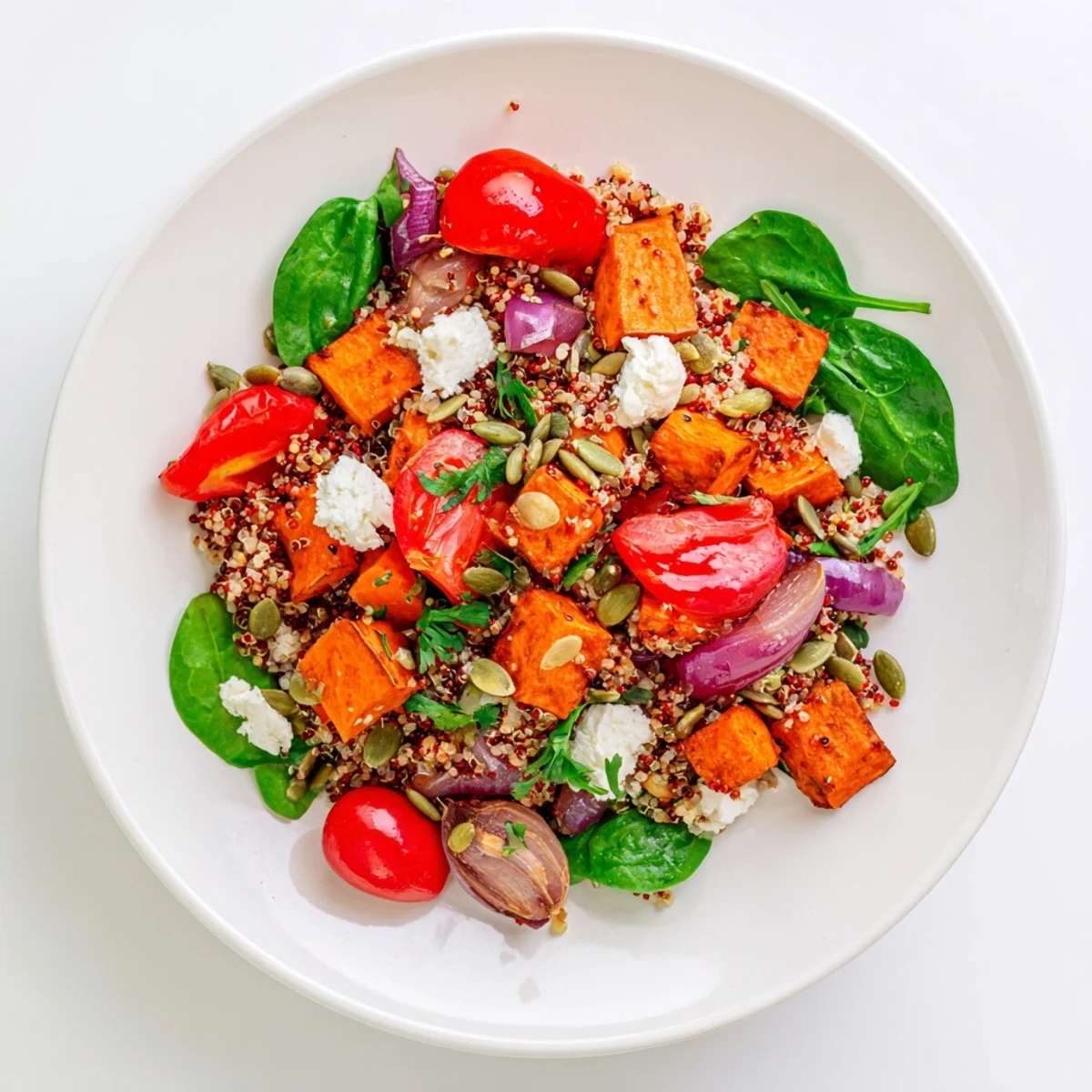 Warm Quinoa Salad with Roasted Sweet Potato served warm with feta crumbles, baby spinach, and roasted sweet potato chunks, garnished with pumpkin seeds.