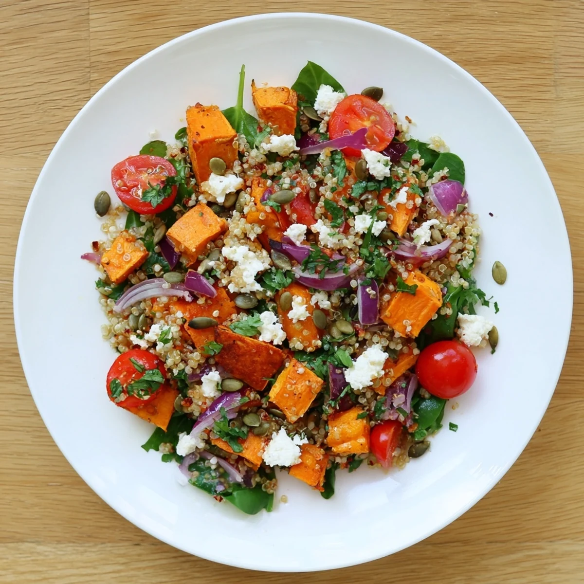 The recipe's Warm Quinoa Salad with Roasted Sweet Potato features red bell pepper, cherry tomatoes, and a lemon-dijon dressing, ready to be enjoyed.