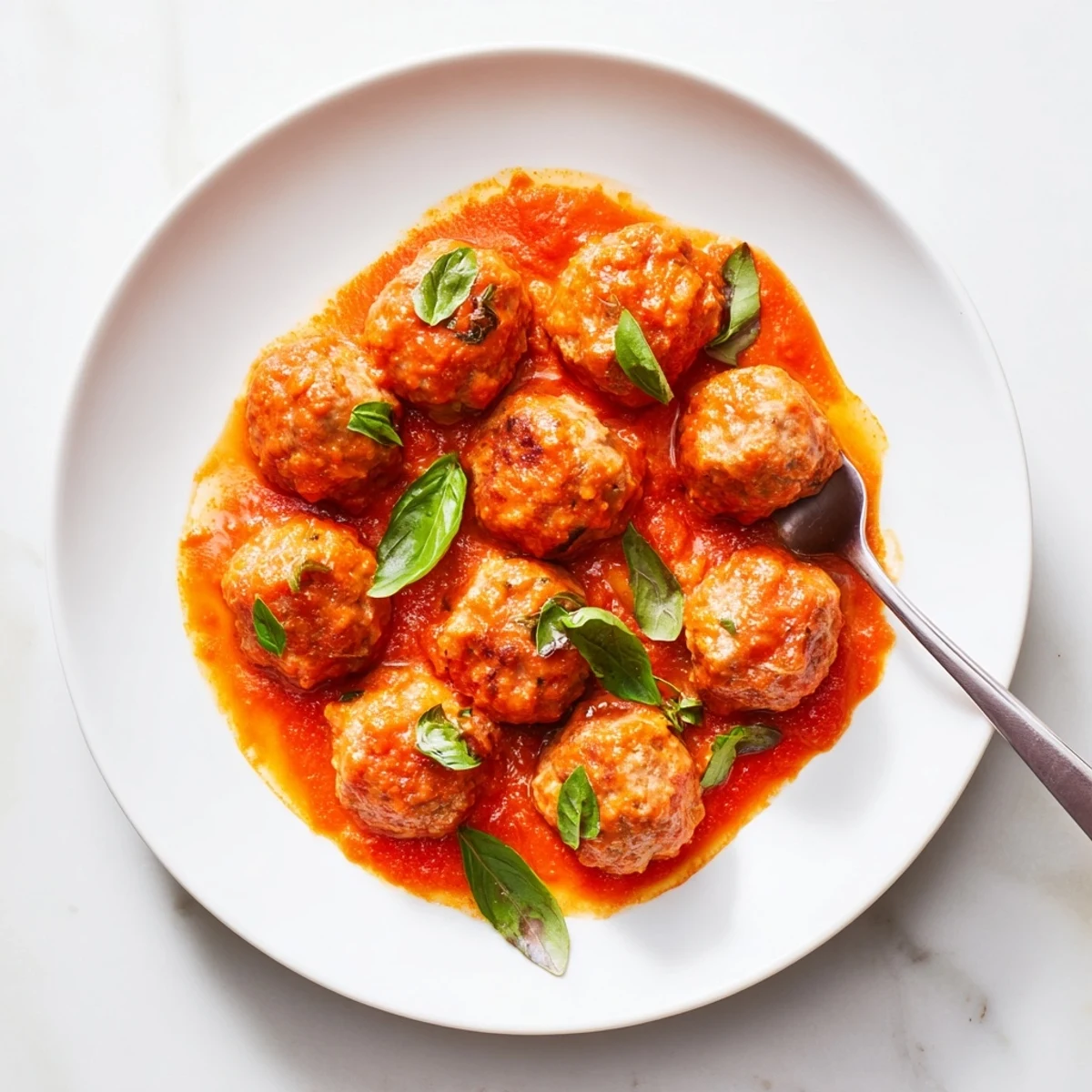 Close-up of tender turkey meatballs in rich roasted tomato sauce, paired with a glass of red wine on a rustic table.