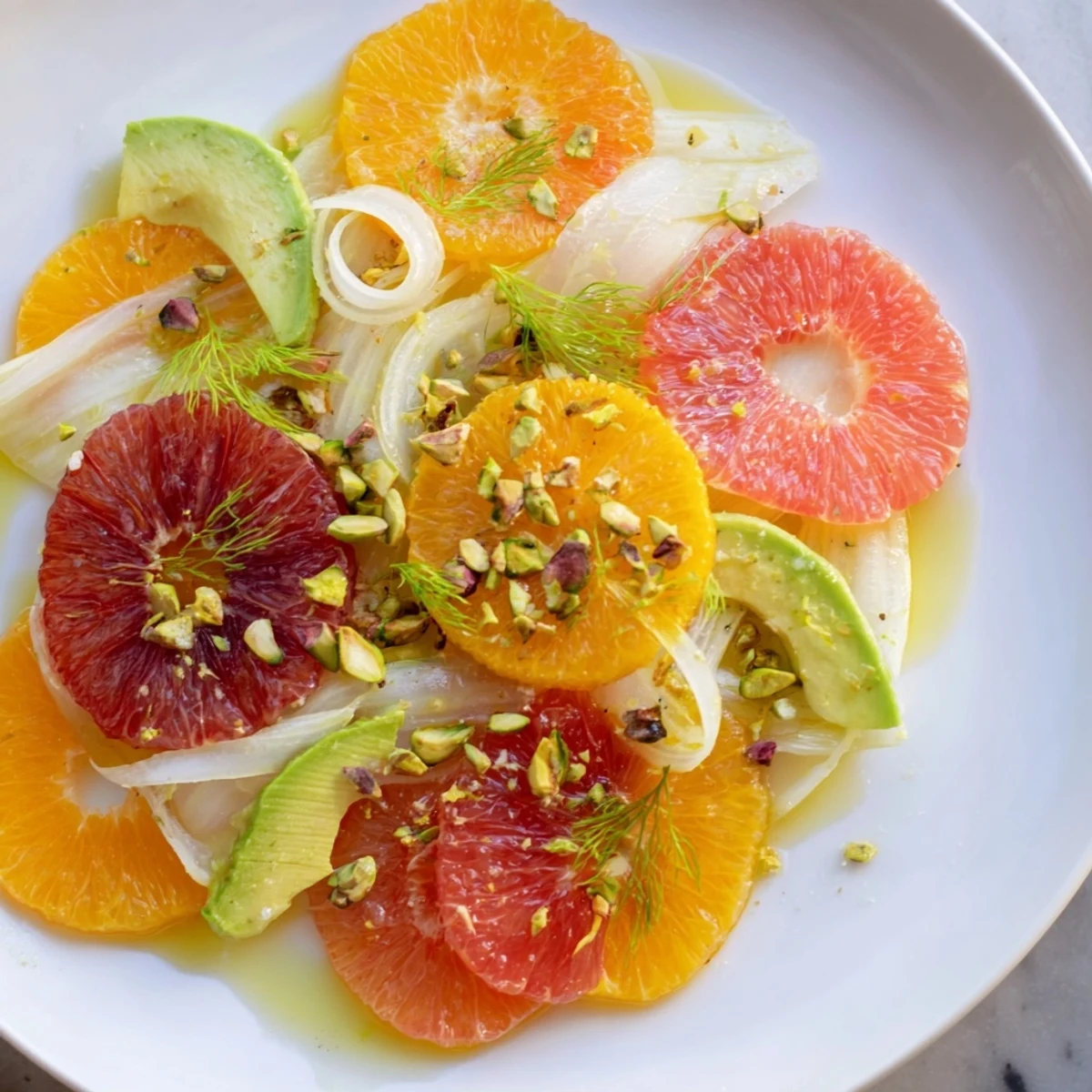 A colorful platter of Winter Citrus Salad with Avocado and Fennel features juicy citrus, green fennel, and a simple olive oil dressing for a bright taste.