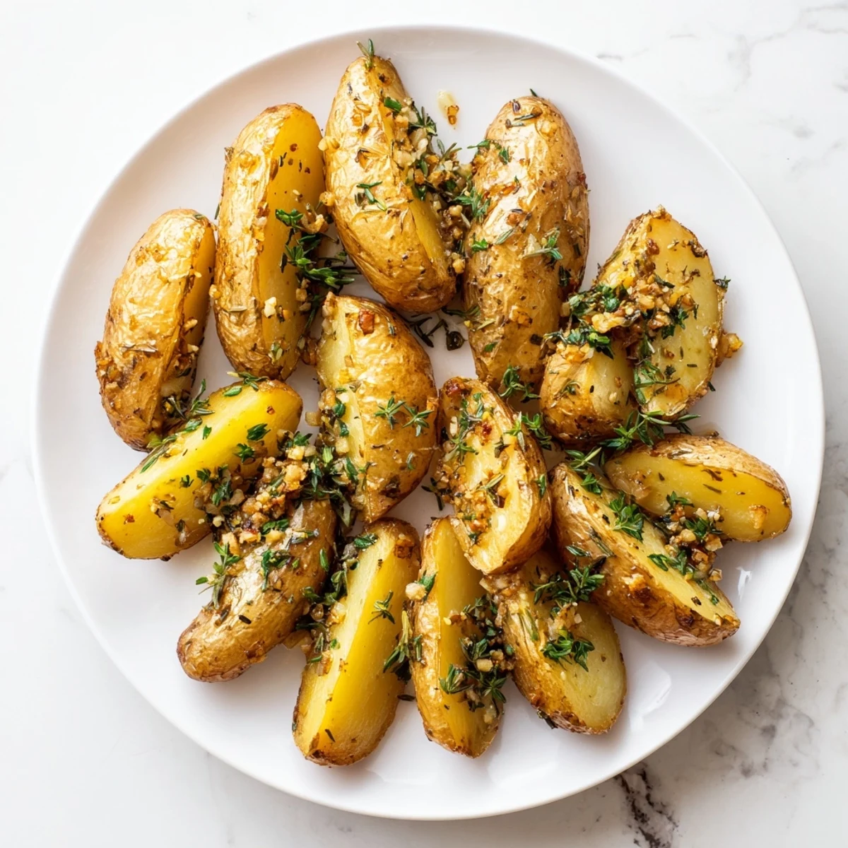 Golden-brown Garlic Herb Roasted Fingerling Potatoes with crispy edges and fresh rosemary.