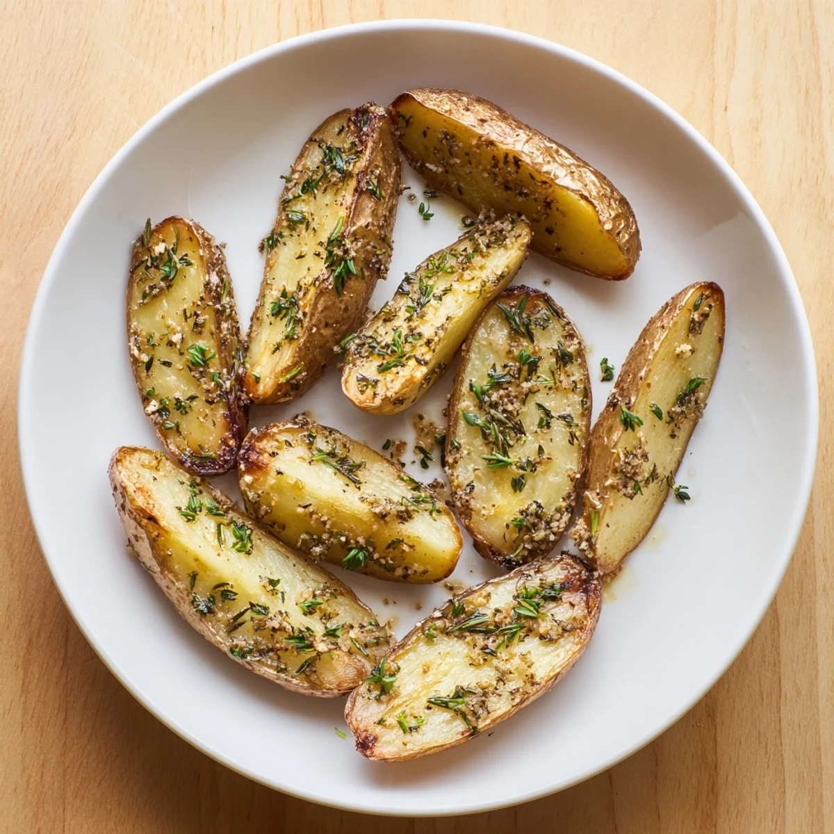 A close-up of roasted fingerling potatoes seasoned with garlic and herbs on a baking sheet.