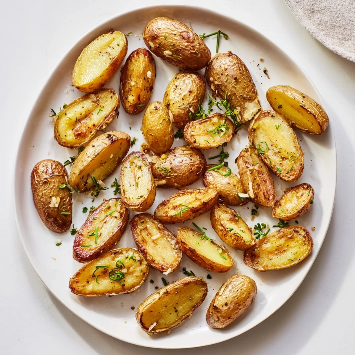 Garlic Herb Roasted Fingerling Potatoes served as a side dish, garnished with fresh parsley.