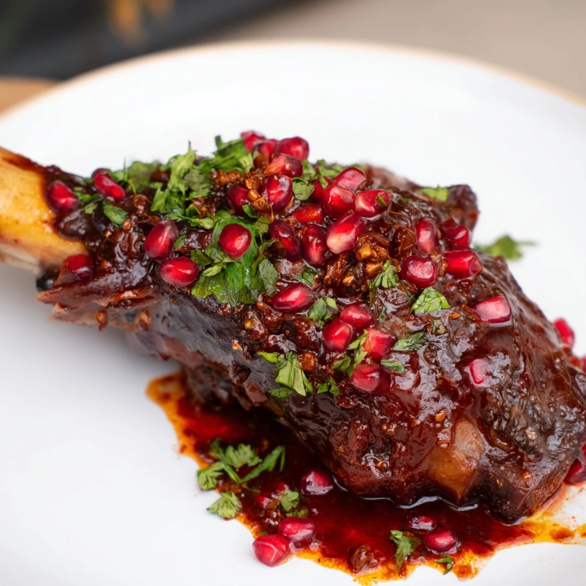 Close-up of succulent braised lamb shanks coated in sticky pomegranate glaze, garnished with parsley and fresh arils on a rustic plate.