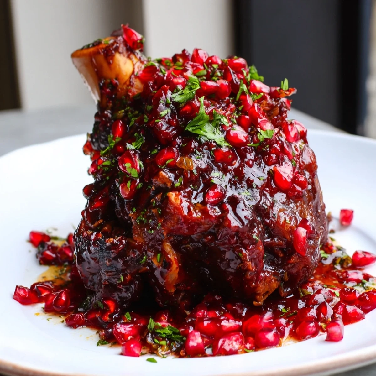 Lamb shanks braised until fall-off-the-bone tender, glazed with tangy pomegranate reduction and served over creamy mashed potatoes with vibrant herbs.