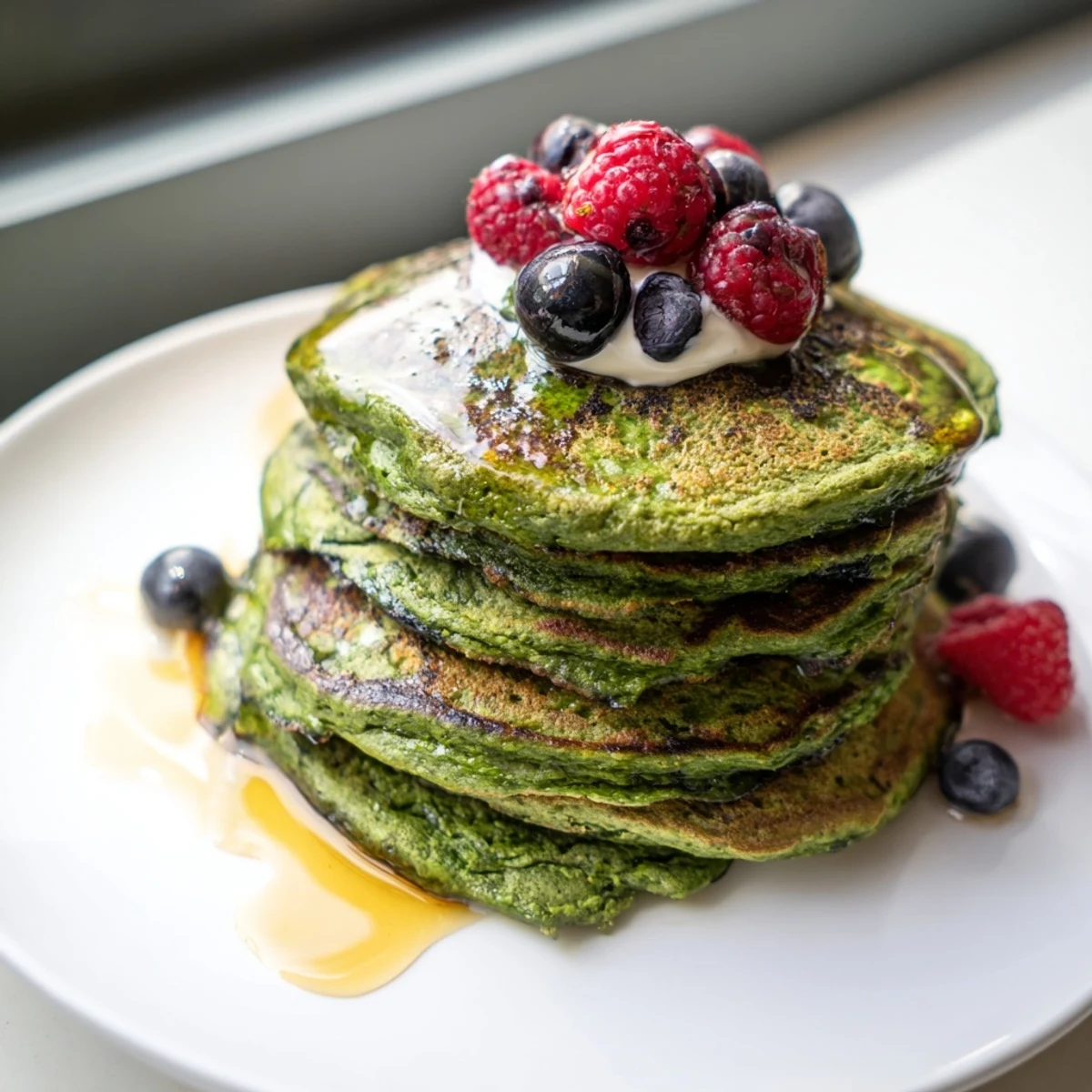 Stack of vibrant green spinach pancakes topped with fresh berries and a drizzle of maple syrup for a festive St. Patrick’s Day breakfast.  