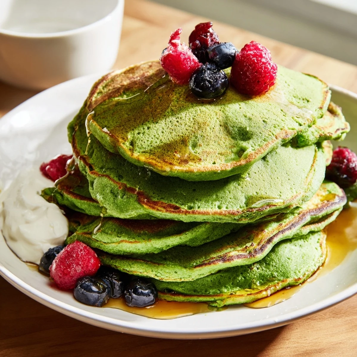 Fluffy St. Patrick’s Day Green Spinach Pancakes served warm with a dollop of Greek yogurt and sweet maple syrup.  