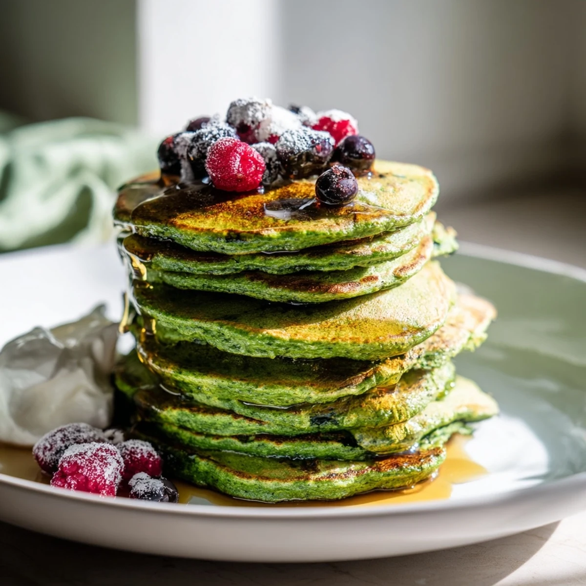 Homemade St. Patrick’s Day Green Spinach Pancakes on a white plate, golden edges visible, perfect for a healthy brunch.
