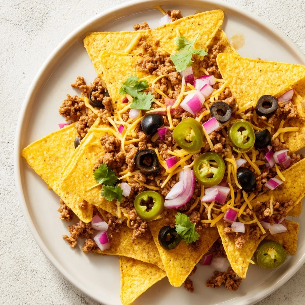 Super Bowl Loaded Nacho Bar with Beef piled high with seasoned beef, melty cheese, and fresh toppings on crispy chips.