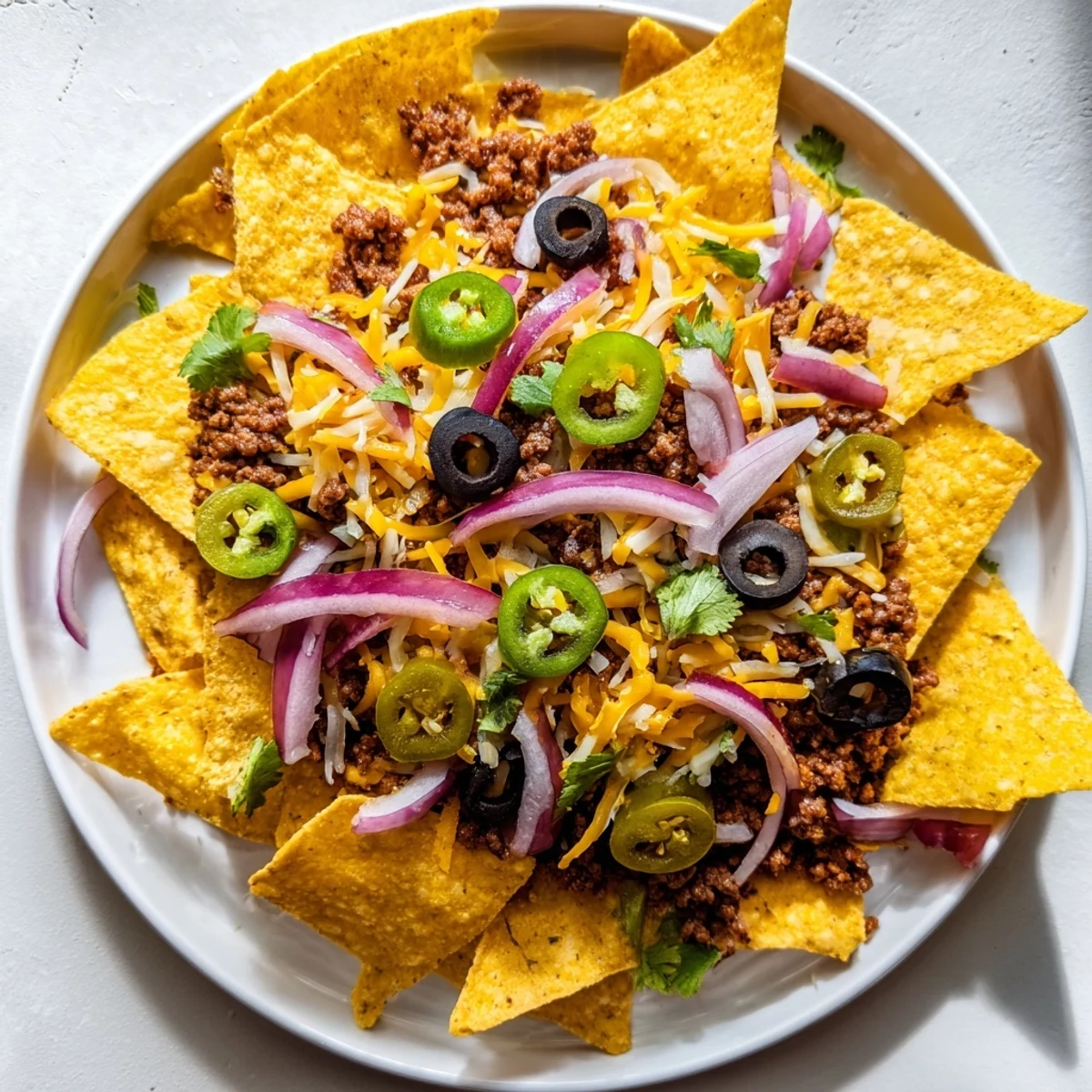 Golden, cheesy Super Bowl Loaded Nacho Bar with Beef ready for game day, garnished with jalapeños and cilantro.