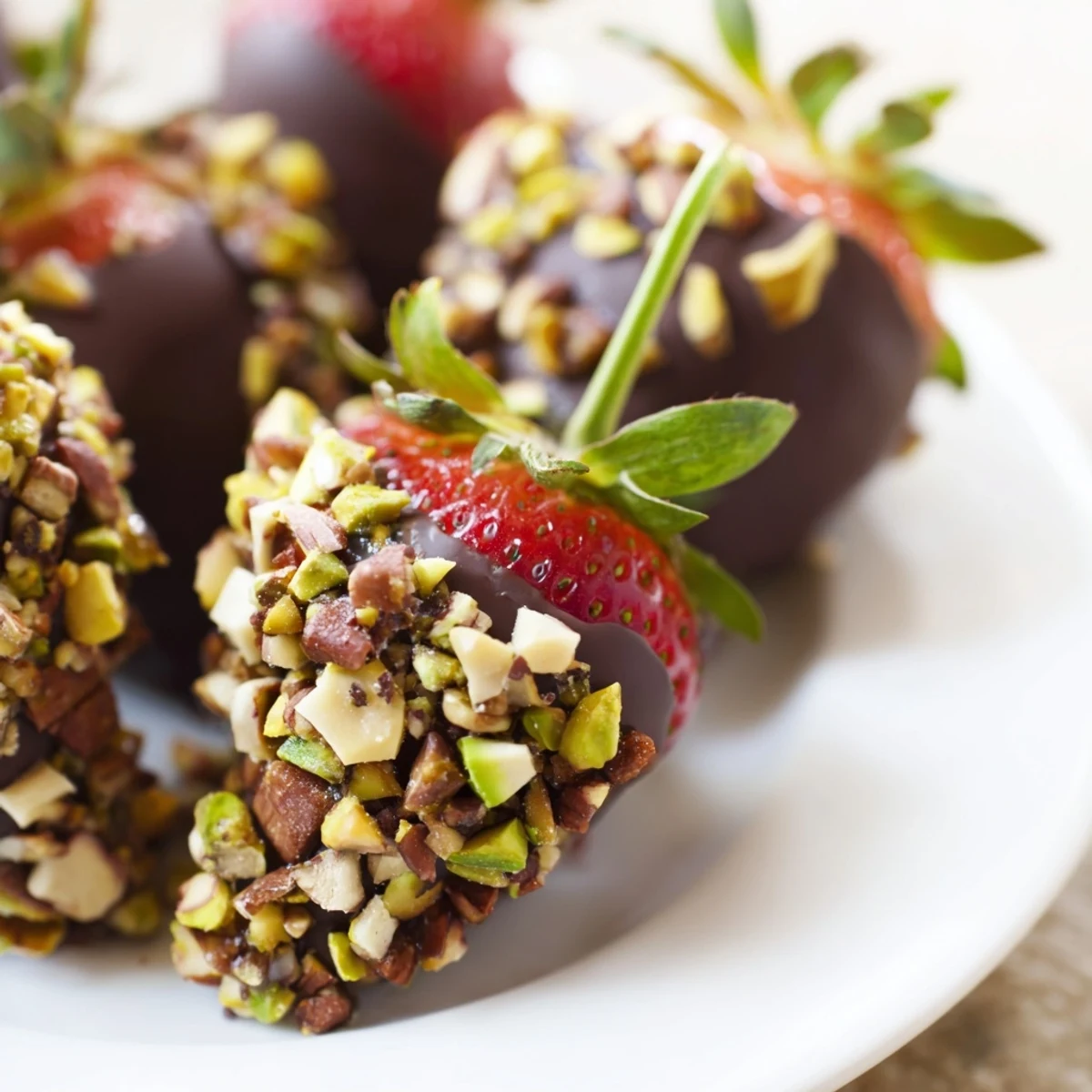A close-up of chocolate-dipped strawberries with nuts, ready to serve on a platter for special occasions.