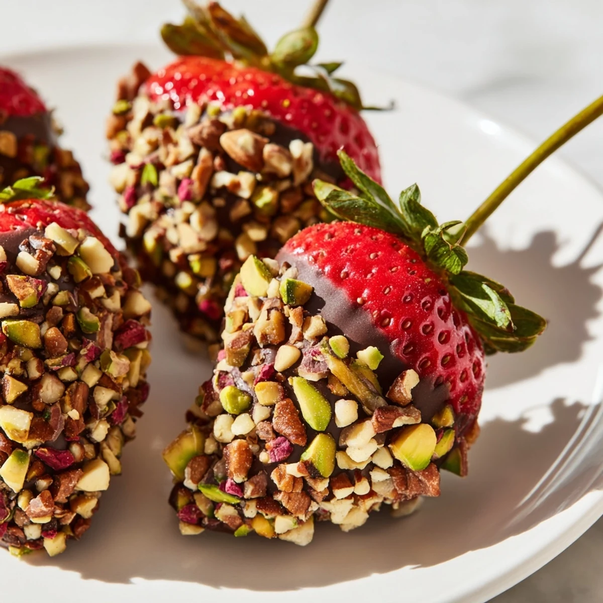 Glossy red strawberries dipped in silky dark chocolate and rolled in crunchy mixed nuts for a romantic Valentine's Day dessert.