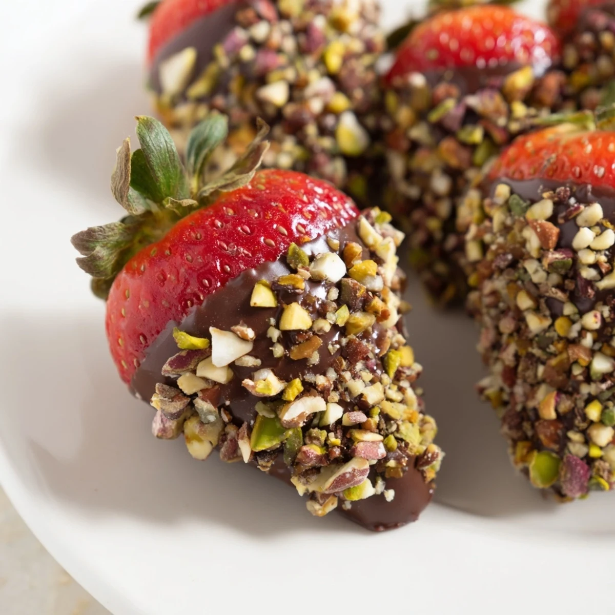 Fresh strawberry stems dipped in melted chocolate and sprinkled with chopped nuts, creating a sweet and savory texture.
