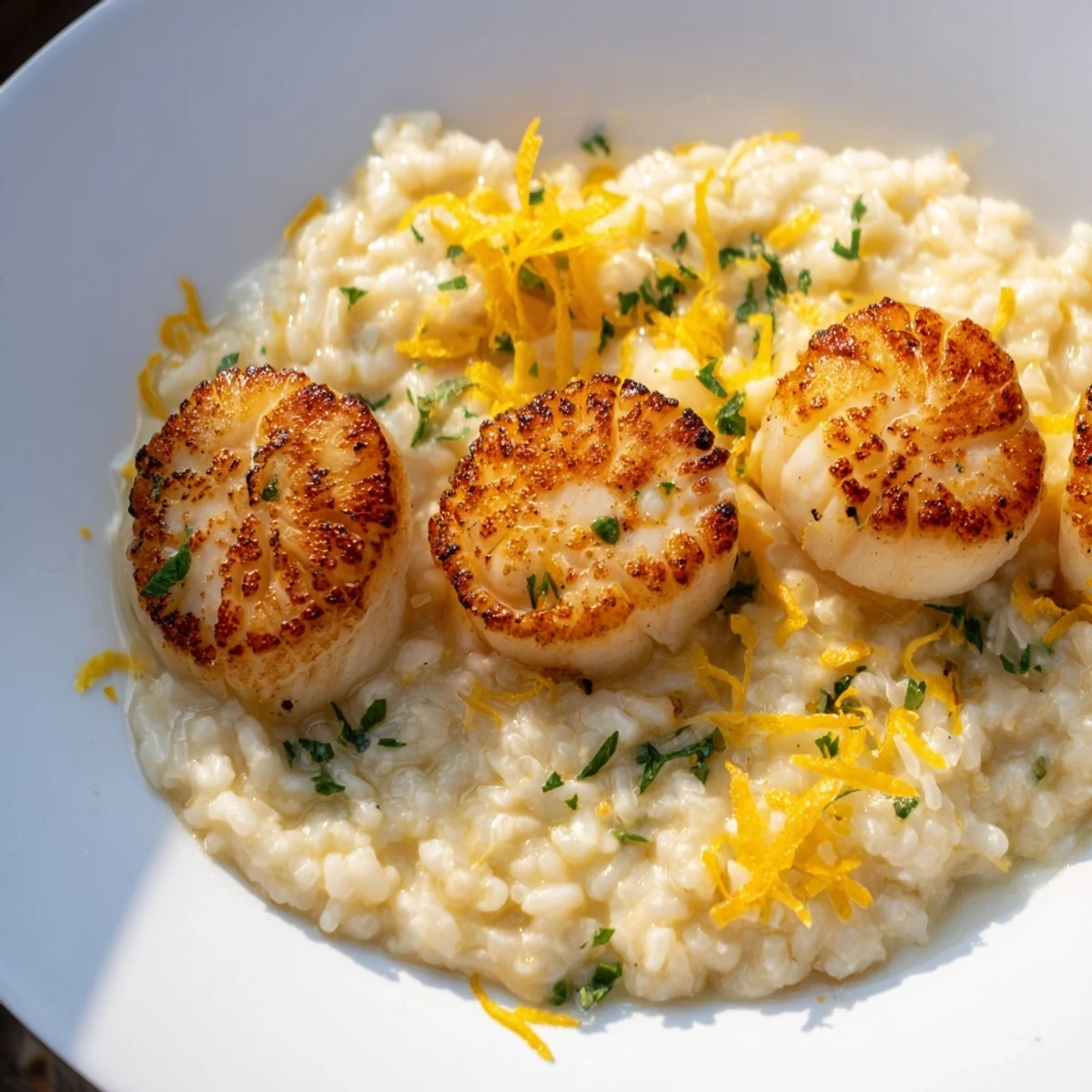 Plated Romantic Seared Scallops with Lemon Risotto for a cozy date night dinner.