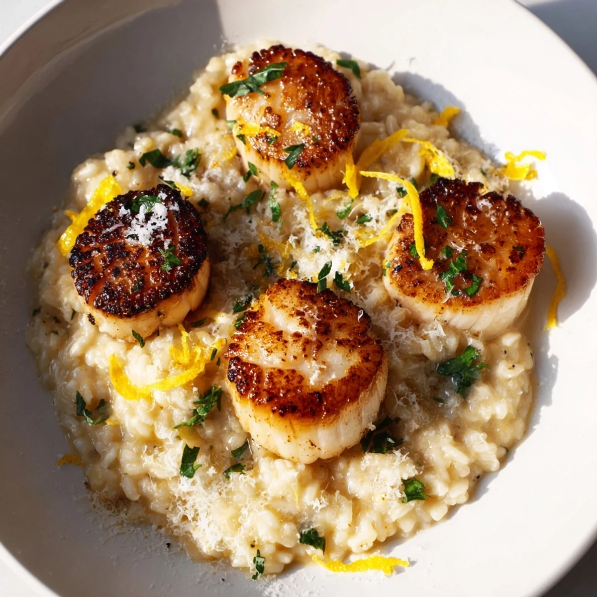 Tender scallops over lemony risotto, served with extra lemon wedges and fresh herbs.