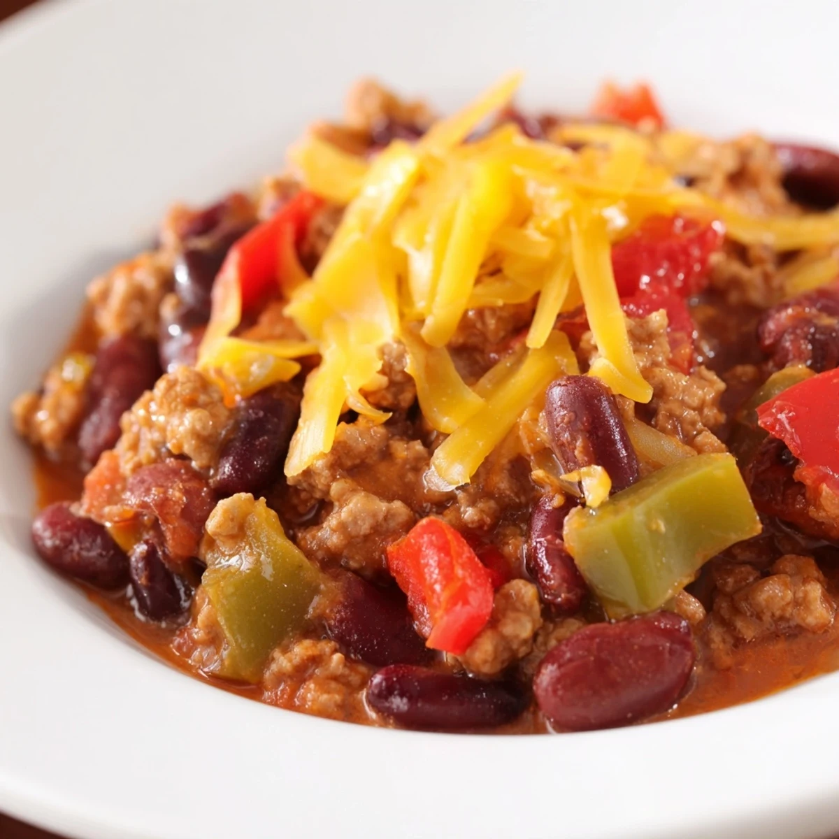 A ladle serves Touchdown Turkey Chili with Cheddar Cheese over cornbread, melted cheddar and jalapeños on top.