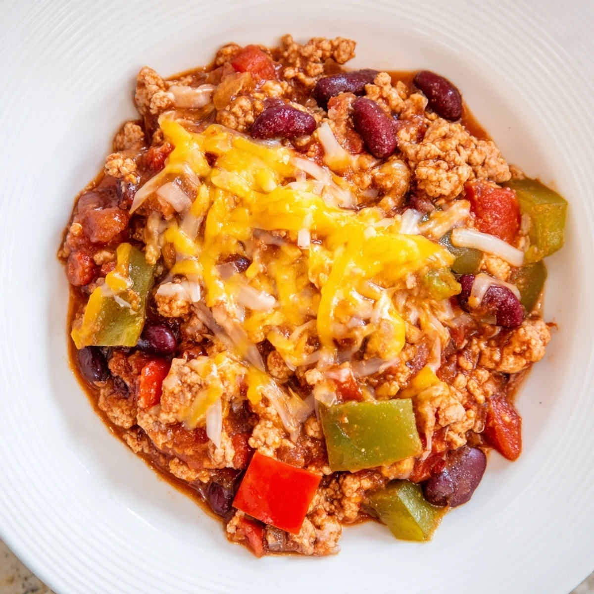 Touchdown Turkey Chili with Cheddar Cheese simmers in a Dutch oven, filled with beans and vibrant bell peppers.