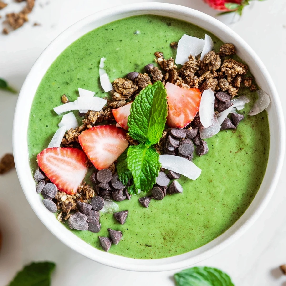 Two bowls of creamy Emerald Isle Mint Chocolate Smoothie Bowl garnished with mint leaves and shredded coconut on a bright kitchen counter.  