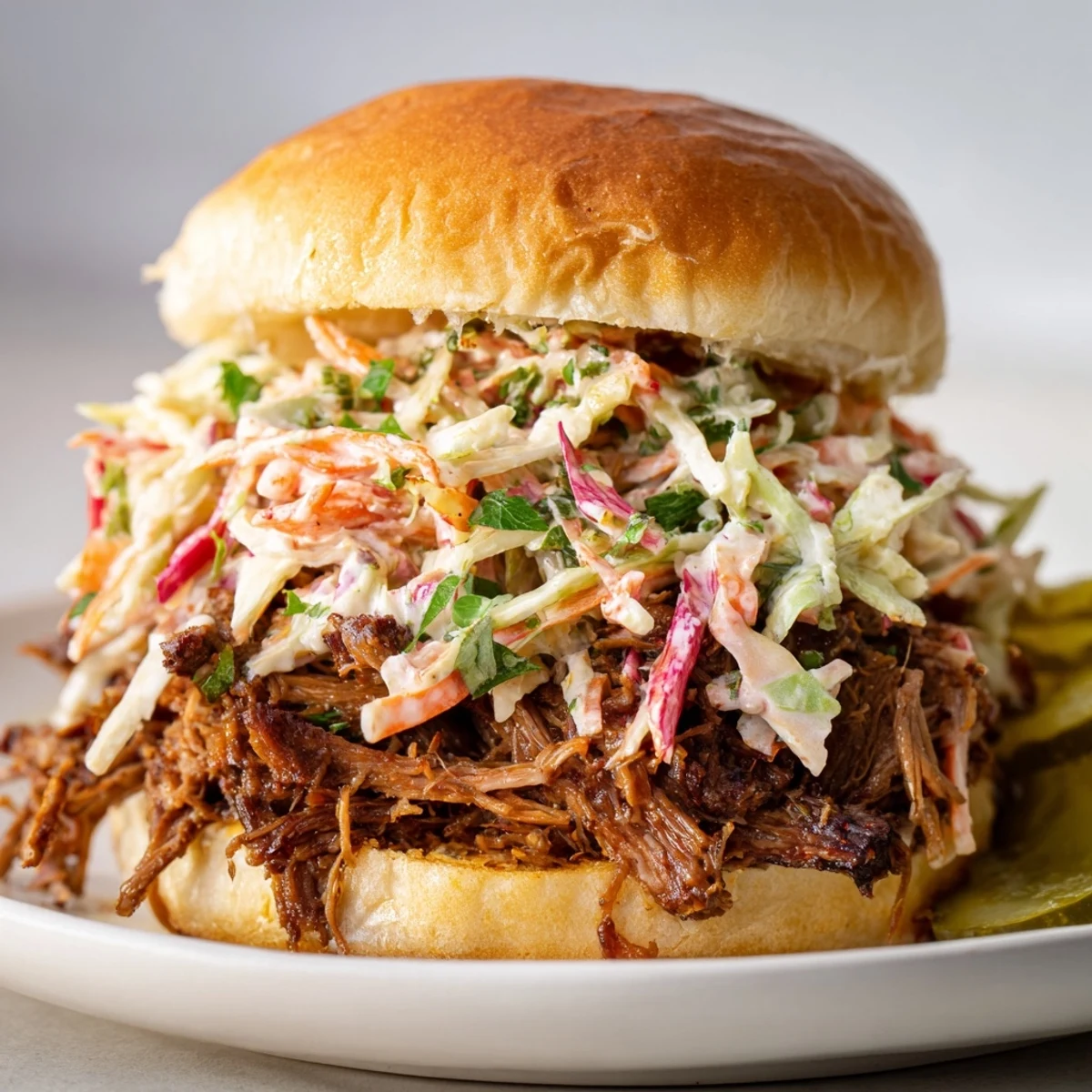 Juicy Slow Cooked Beef Brisket Sliders topped with creamy tangy coleslaw and dill pickle slices.