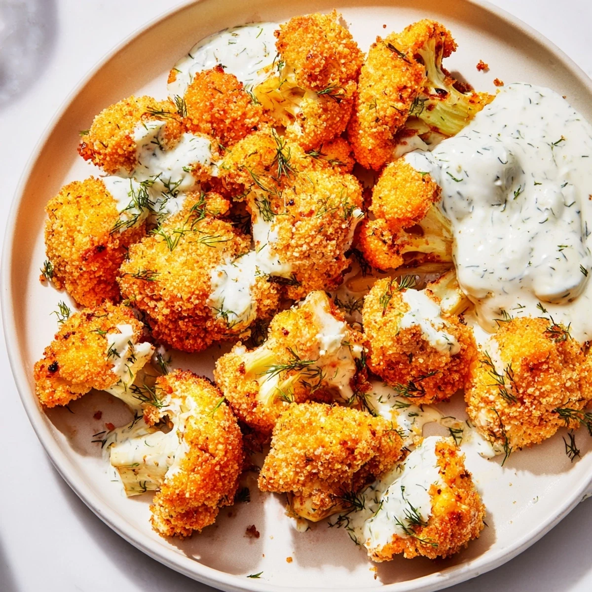 Crispy Buffalo Cauliflower Bites with Ranch piled high, golden and tossed in spicy sauce alongside a creamy dip. 
