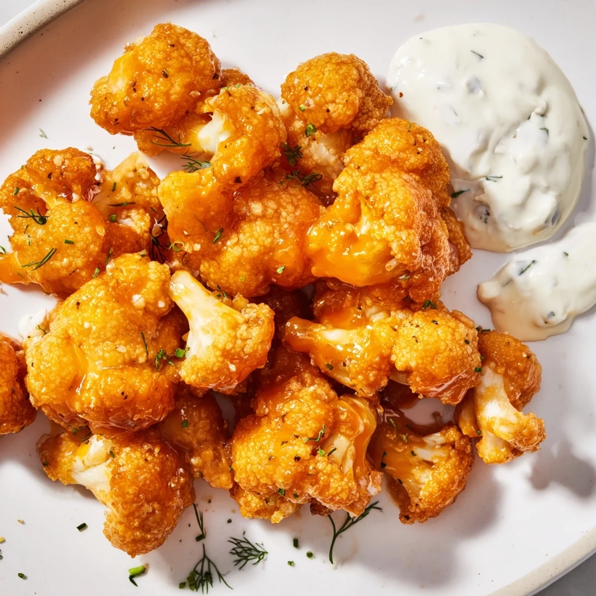 Vegetarian Crispy Buffalo Cauliflower Bites with Ranch served hot, garnished with fresh chives for a party platter.