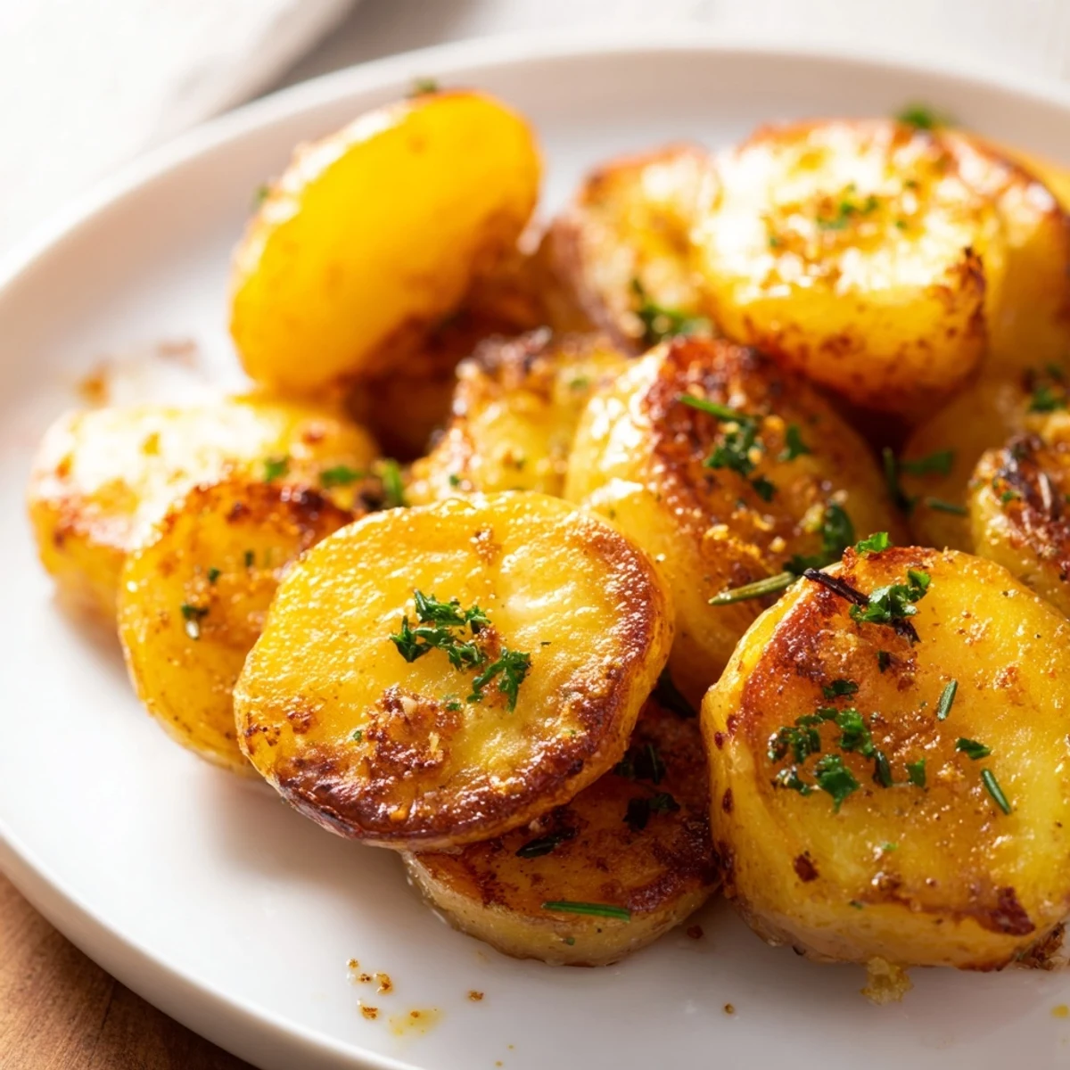 Golden brown, crispy edged heart shaped potatoes with fresh rosemary on a rustic wooden board.