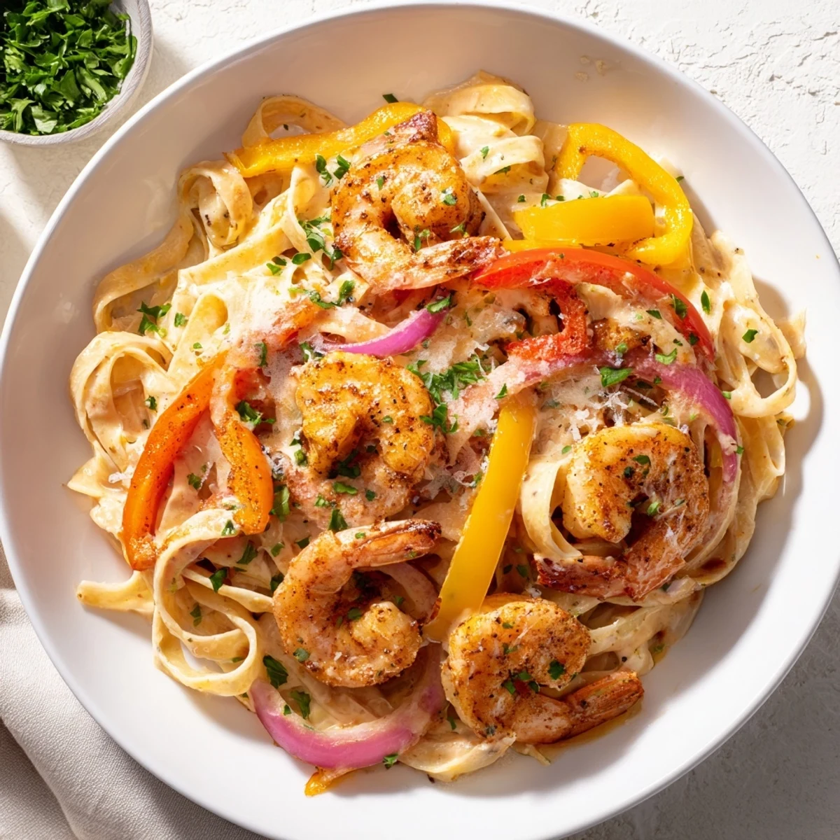 Creamy Cajun Shrimp Pasta with Bell Peppers served hot in a white bowl, garnished with fresh parsley.