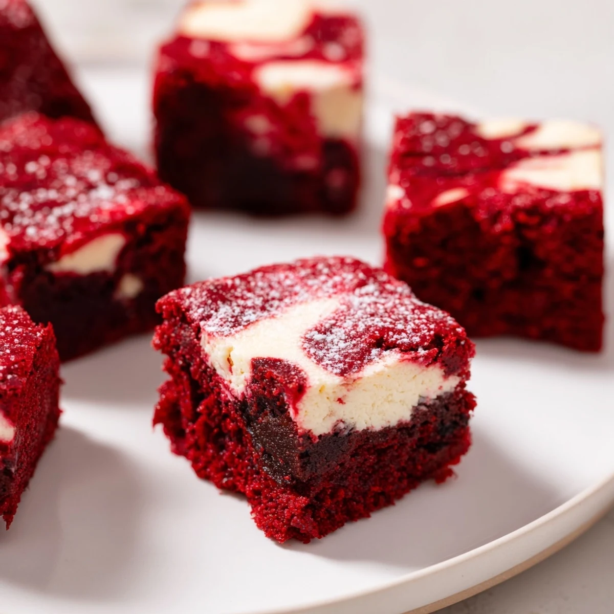 A close-up of Red Velvet Cheesecake Brownie Bites on a white plate, with a cheesecake swirl visible on top.