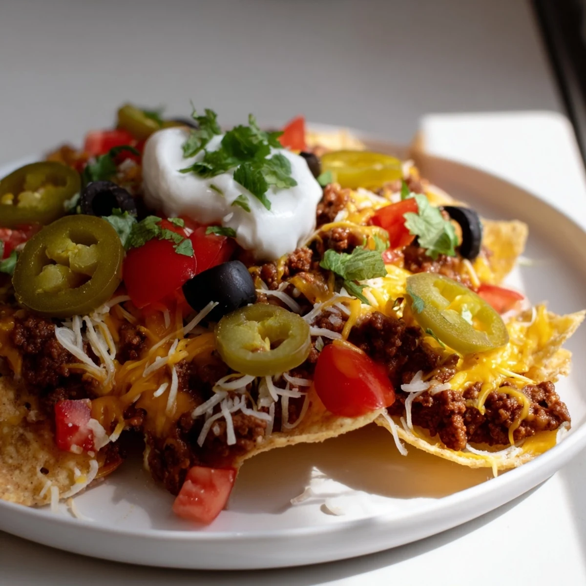 Golden, crispy tortilla chips topped with spicy ground beef and fresh jalapeños for a zesty Tex-Mex snack.