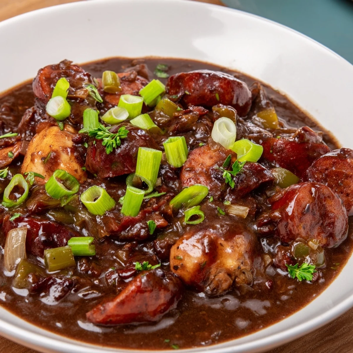 Steaming bowl of homemade Chicken and Beef Sausage Gumbo served over fluffy white rice.