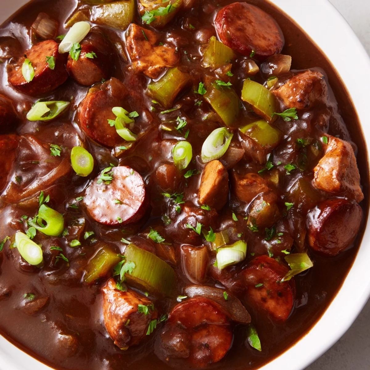 Savory Chicken and Beef Sausage Gumbo garnished with fresh green onions and parsley.