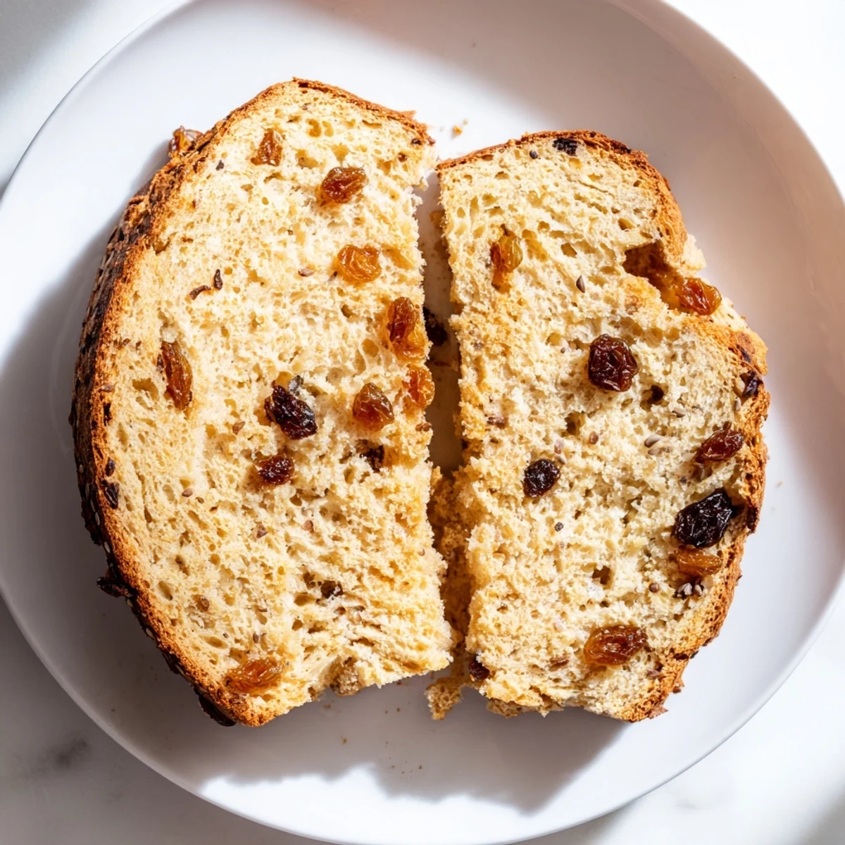 Freshly baked Irish Soda Bread with Raisins and Caraway sits on a wooden board, showcasing its golden crust and crumbly interior.