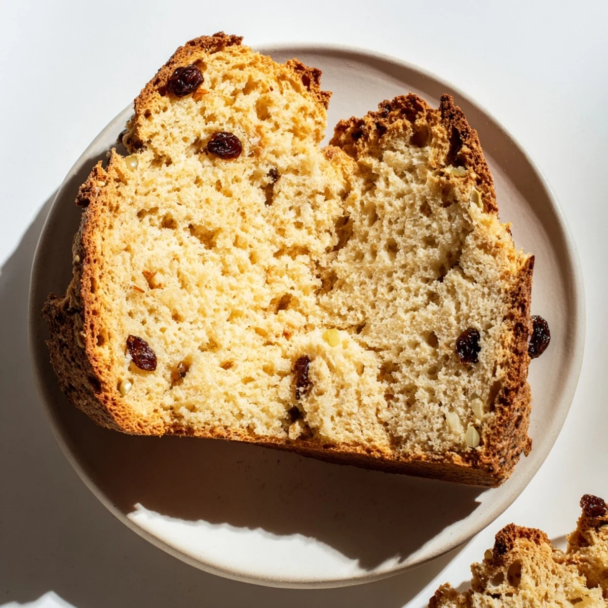 Irish Soda Bread with Raisins and Caraway with a deep cross cut into the top, revealing plump raisins and aromatic seeds inside.