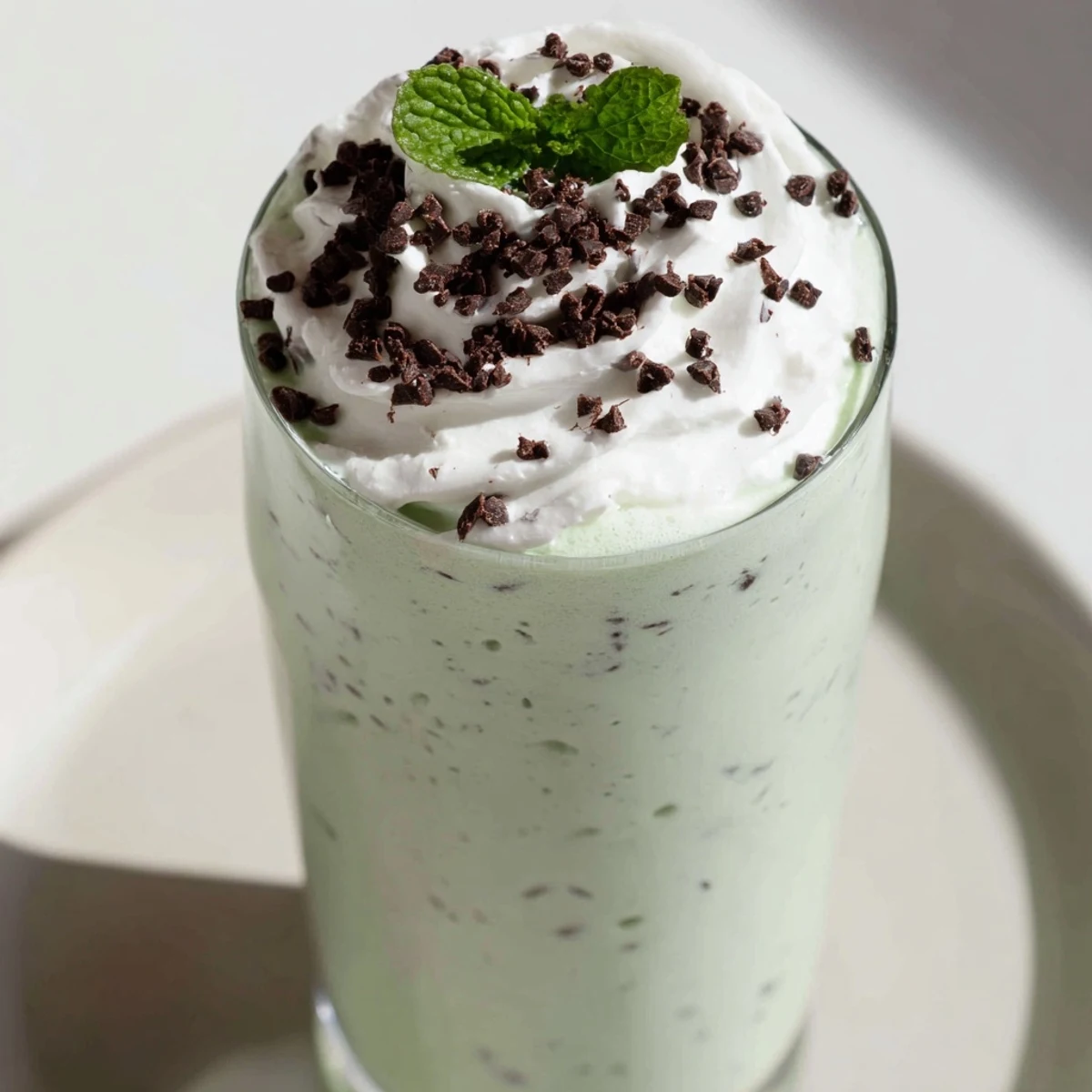 Two tall glasses of Mint Chocolate Chip Milkshake with Whipped Cream, garnished with fresh mint leaves and chocolate chips.