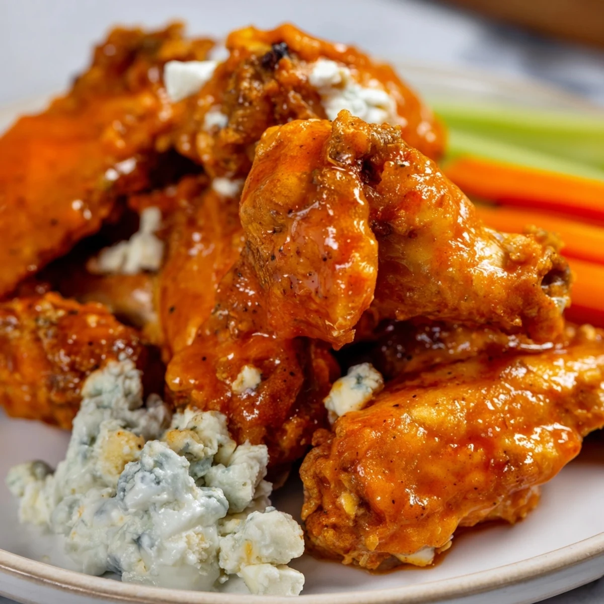 Freshly tossed Crispy Buffalo Chicken Wings with Blue Cheese Dip glowing with sauce, served alongside crunchy celery and carrot sticks.