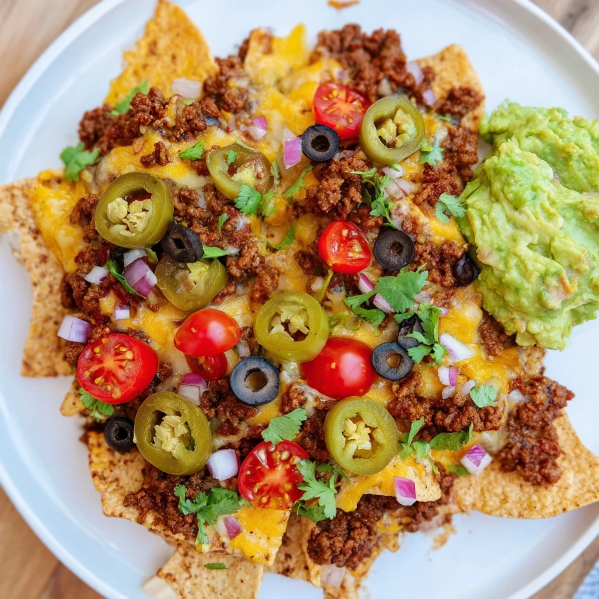 Freshly baked Spicy Beef Nachos Supreme with Guacamole piled high on a platter, featuring melty cheddar and Monterey Jack cheese with black beans.