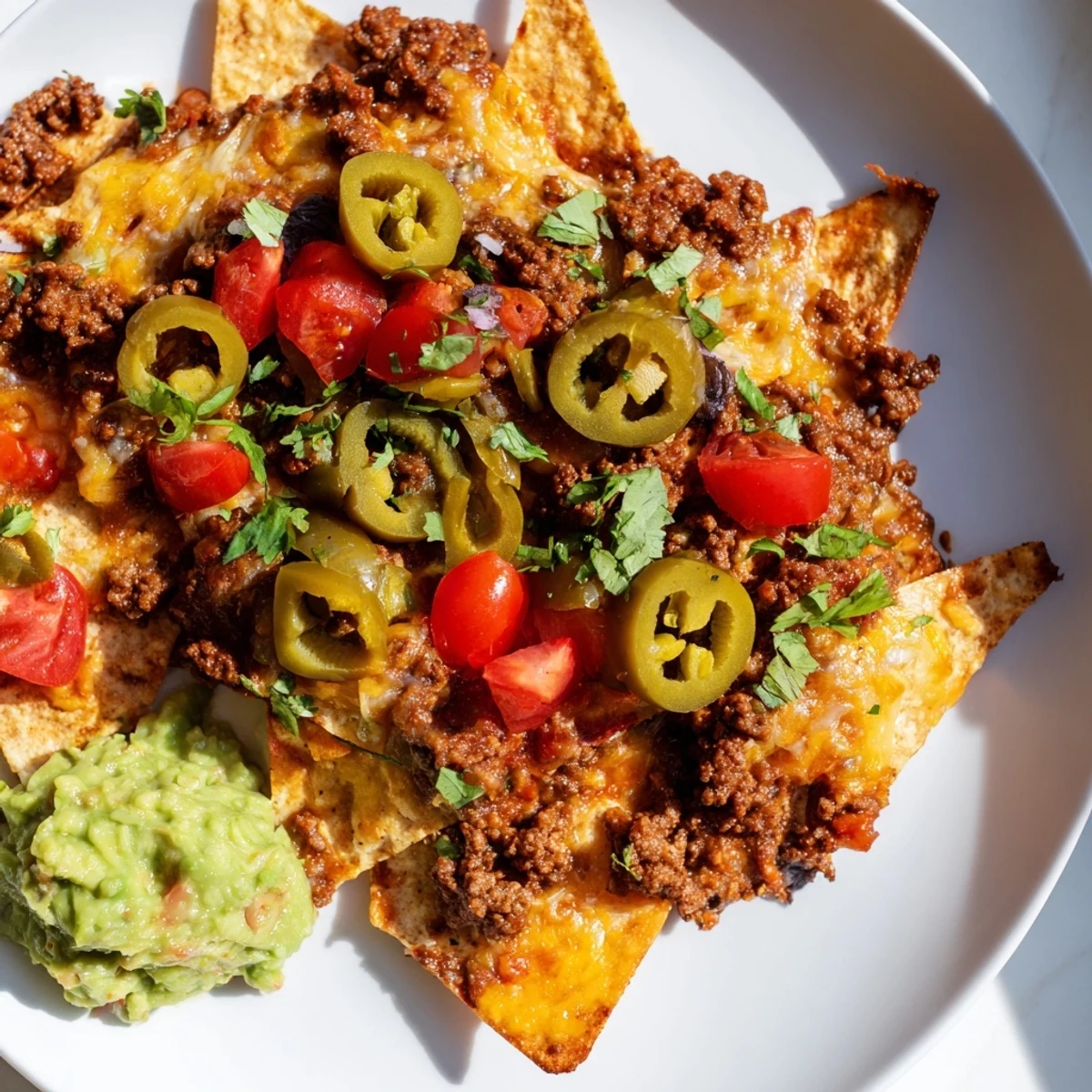 Golden, crispy tortilla chips loaded with zesty spiced beef, pickled jalapeños, and fresh cilantro, served with a bowl of creamy homemade guacamole.