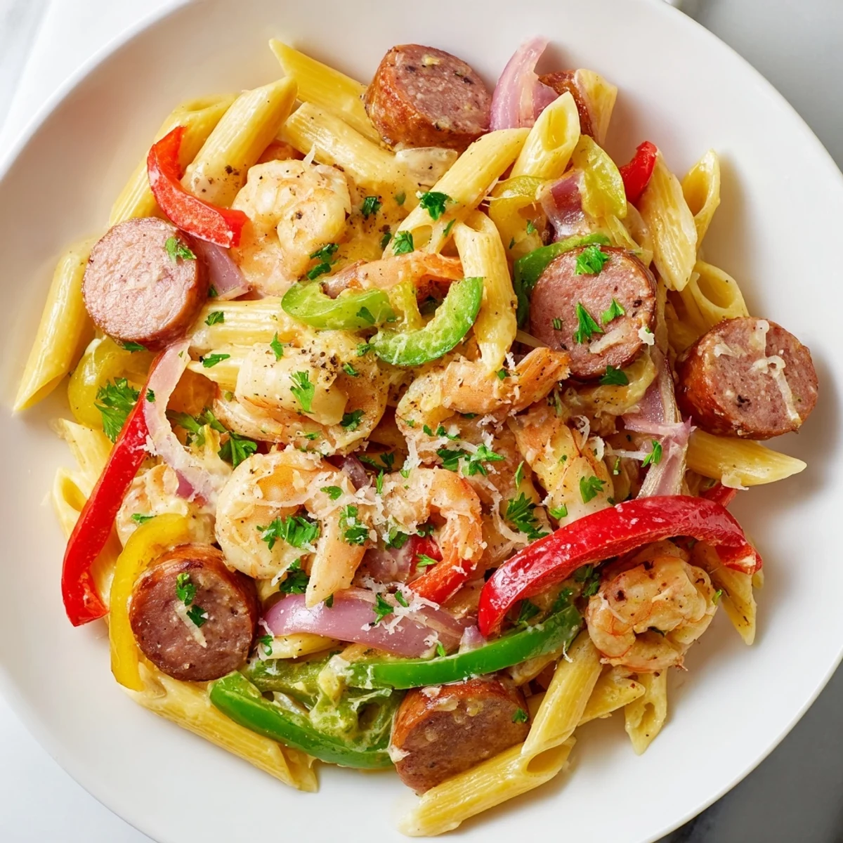 Creamy Cajun Shrimp and Turkey Sausage Pasta served in a white bowl with a fork, featuring sautéed peppers and onions in a rich, velvety sauce.