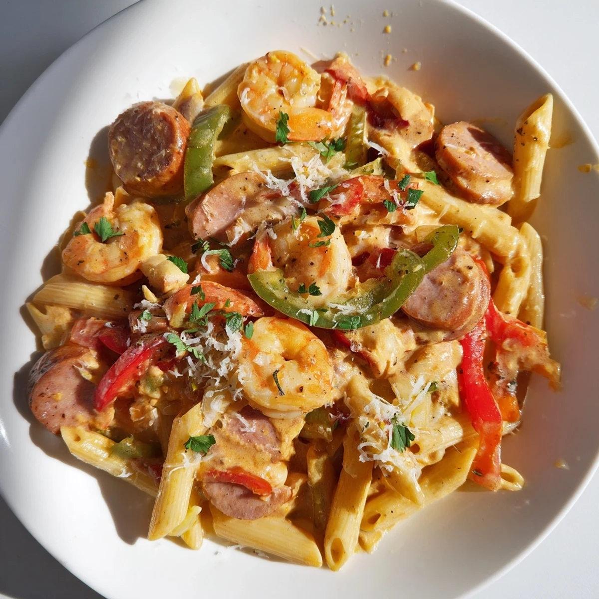 A skillet of Creamy Cajun Shrimp and Turkey Sausage Pasta with plump pink shrimp and smoky sausage slices next to colorful bell peppers.