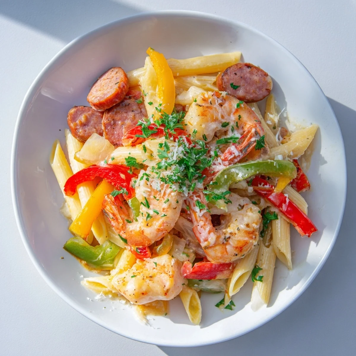 Overhead view of Creamy Cajun Shrimp and Turkey Sausage Pasta topped with fresh parsley and grated Parmesan, ready for a weeknight dinner.