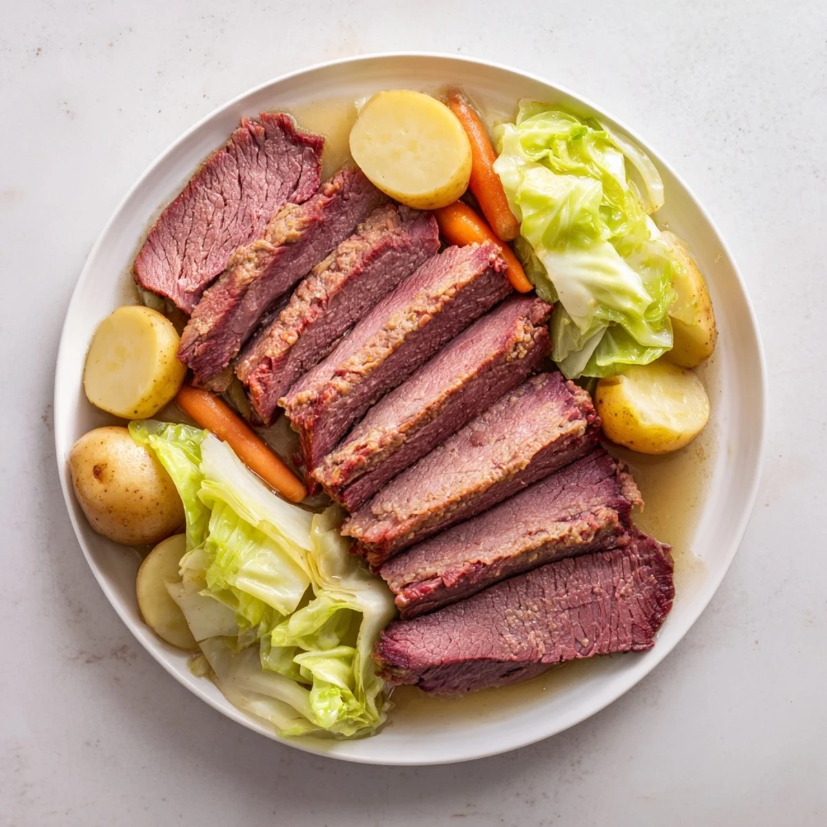 Slow-cooked corned beef brisket with cabbage and carrots on a white platter, tender and juicy.