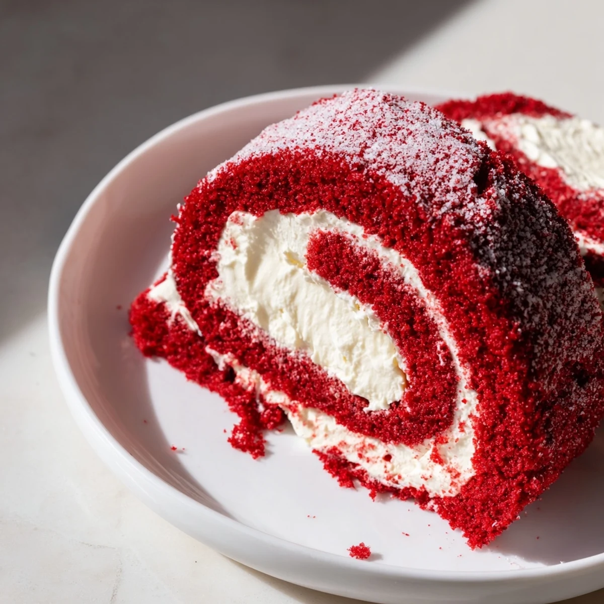 Freshly baked Red Velvet Cake Roll with cream cheese filling, dusted with powdered sugar and sliced to reveal its swirled red interior.