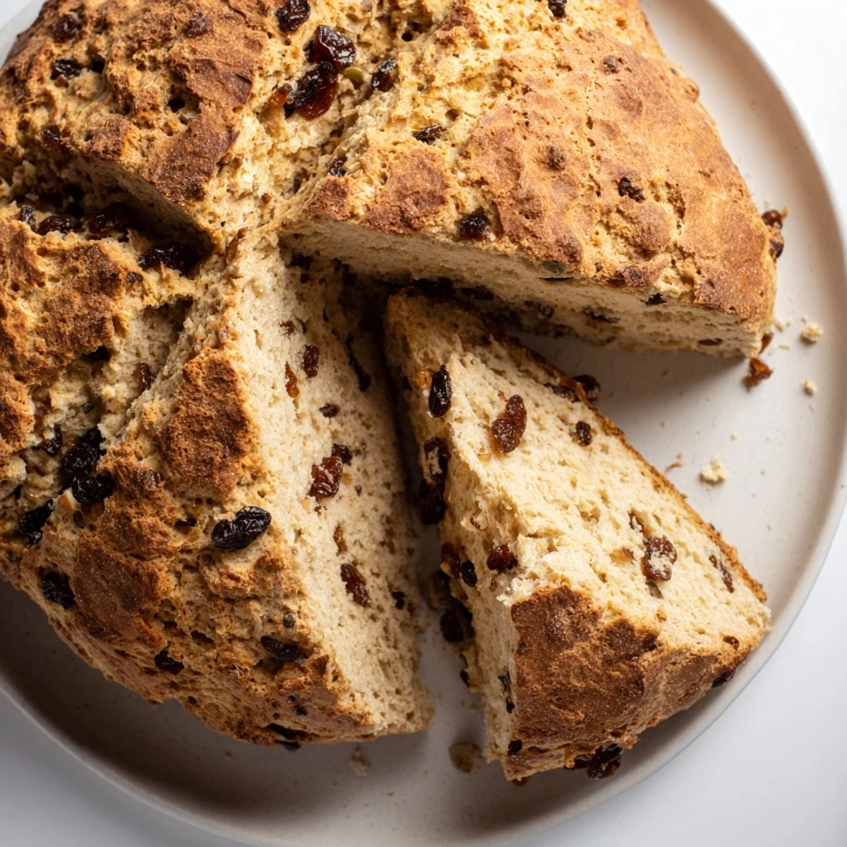 Homemade Irish Soda Bread with currants and caraway cooling on a wooden board, revealing a tender, pale crumb studded with dark currants, ideal for breakfast or afternoon tea with tea.